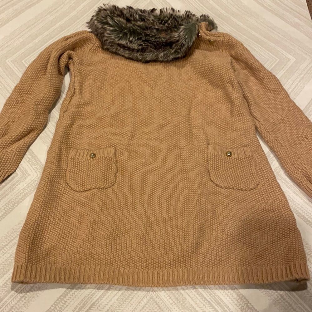 Janie and Jack Camel Knit Dress with Faux Fur Collar